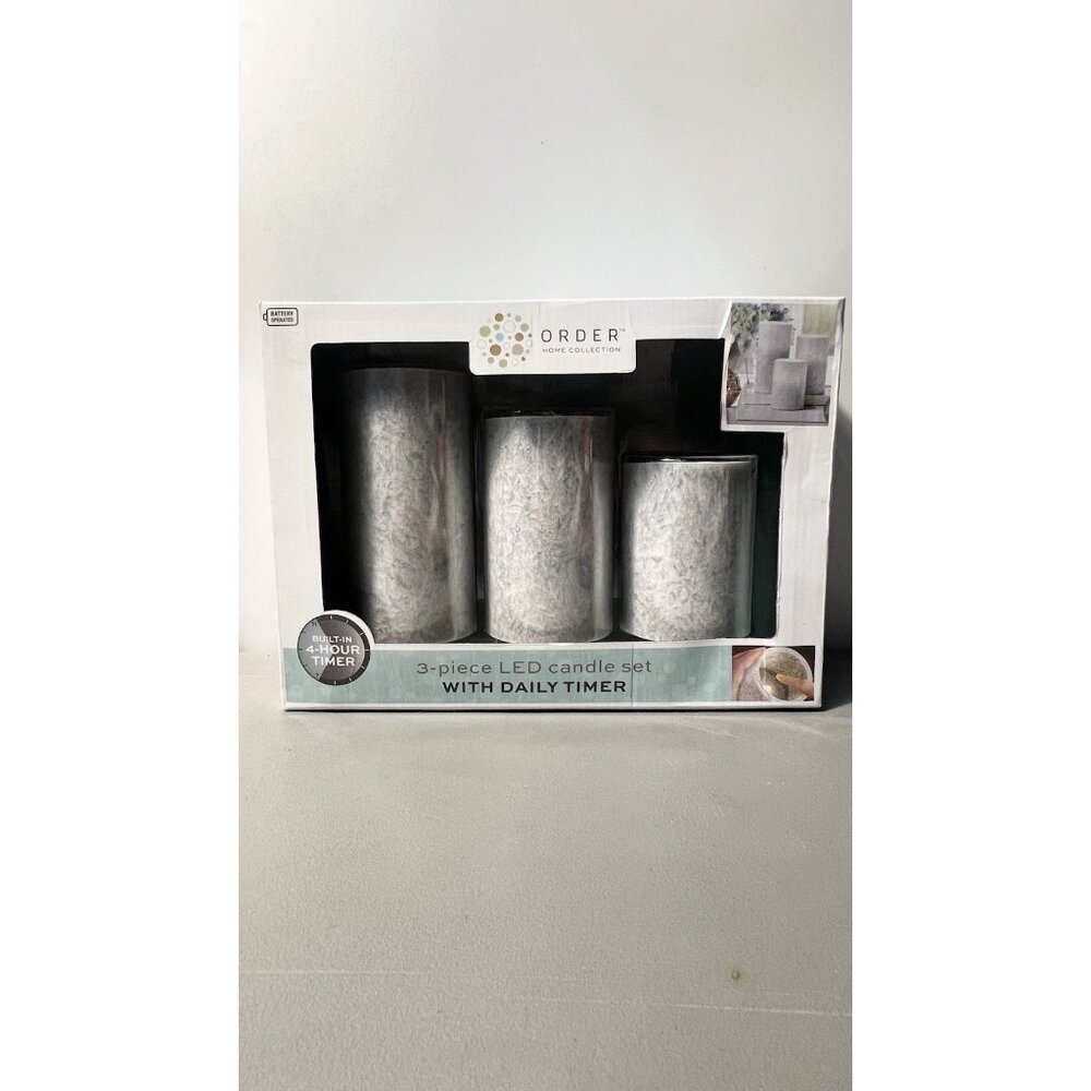 LED Light Gray Candle Set 3 Pc Flameless Wax Order Home w/ Daily Timer